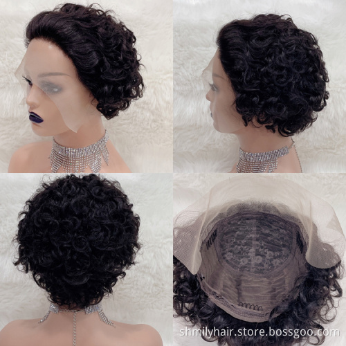 Shmily Perruque Pixie Cut Wig Human Hair Curly Bob Short Pixie Cut Lace Wig Bleached Knots Lace Frontal 13X1 Pixie Curls Wig